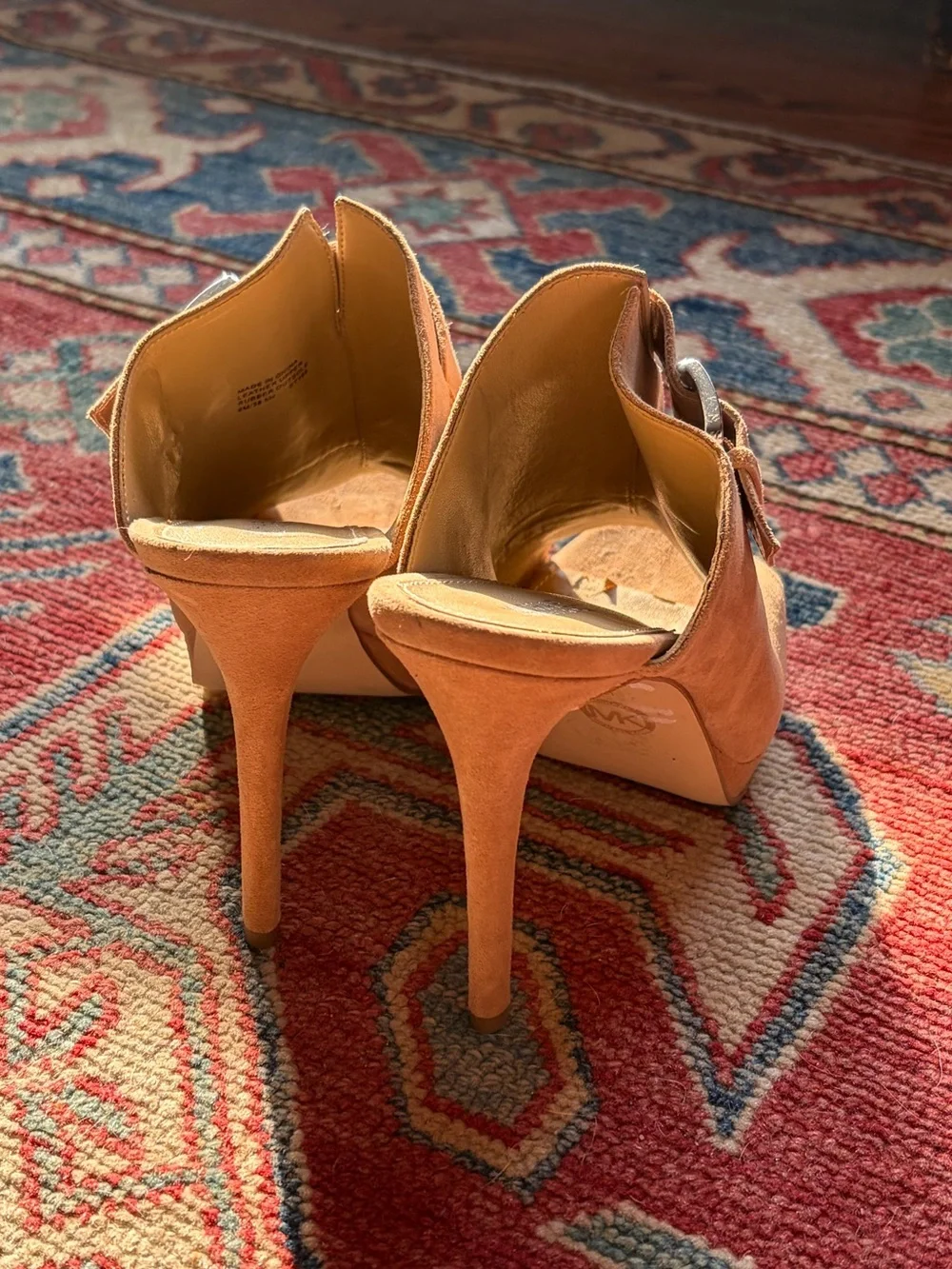 Michael Kors Tan Suede Open-Toe Buckle Mule Heels